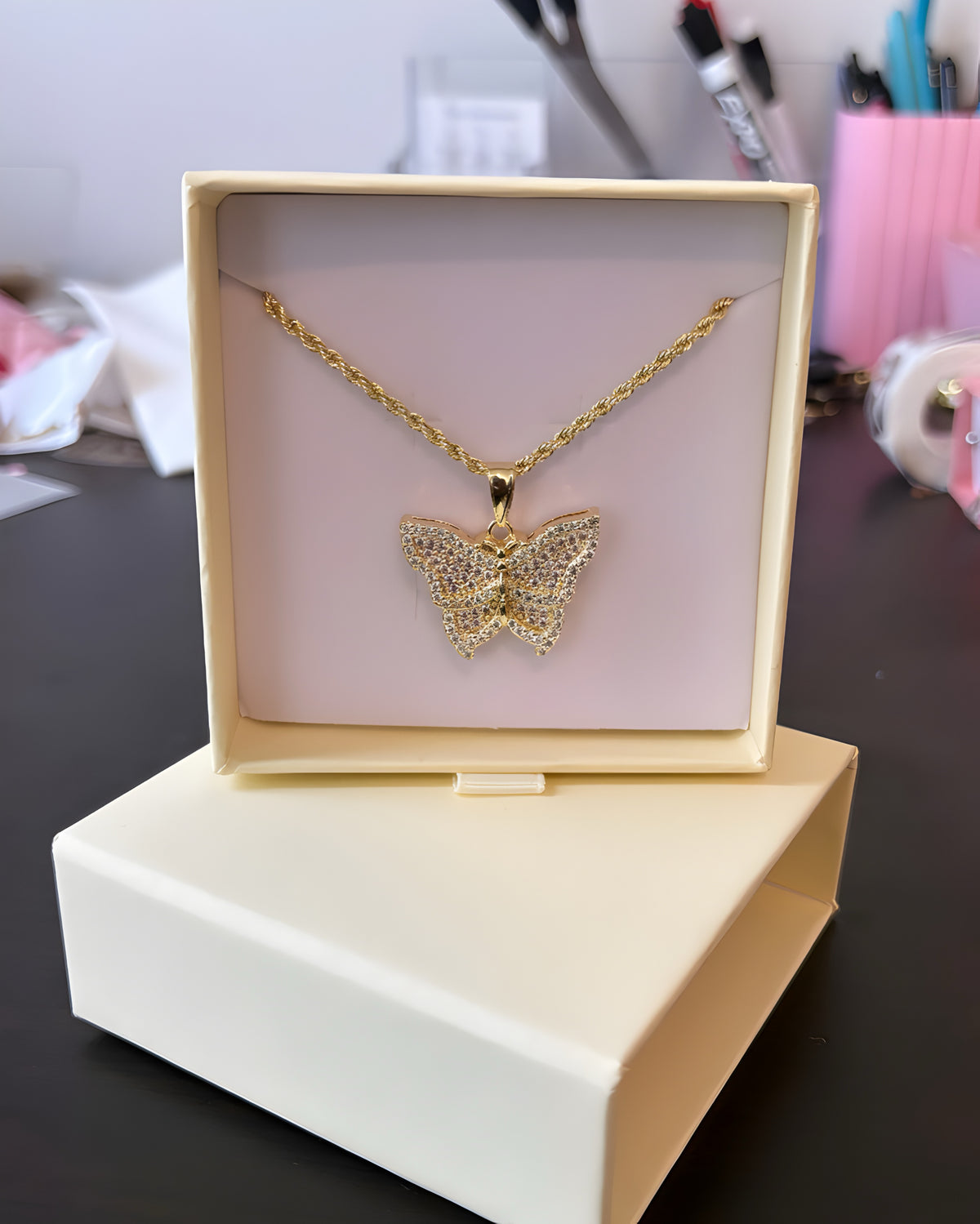 Pink Diamond Butterfly Necklace